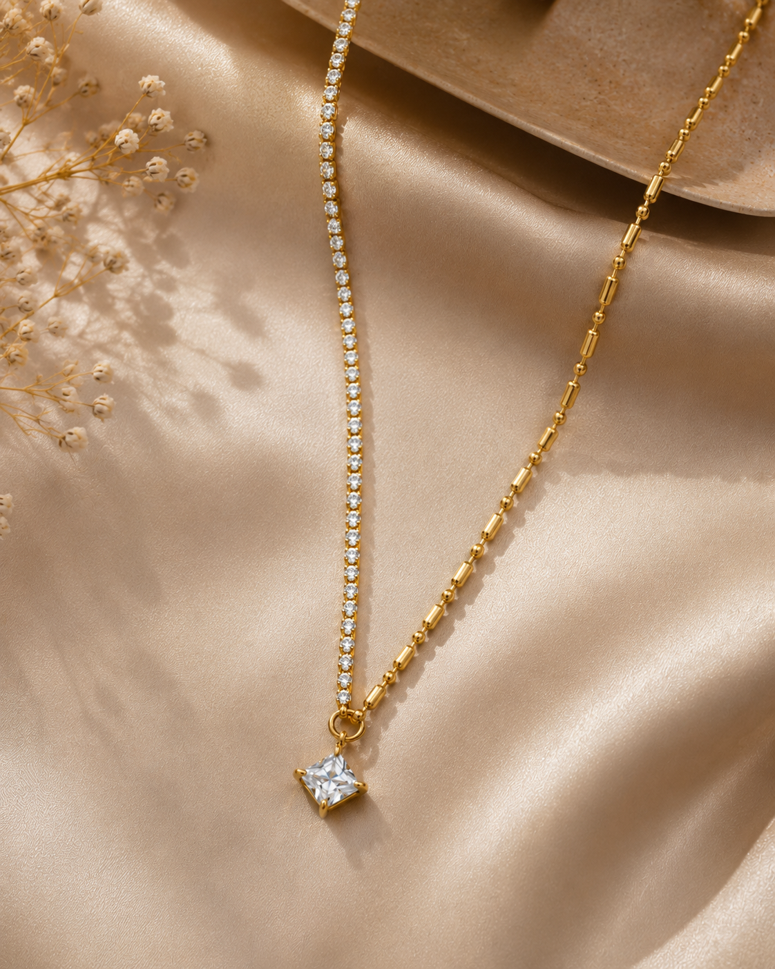 Tennis Chain Square Stone Necklace