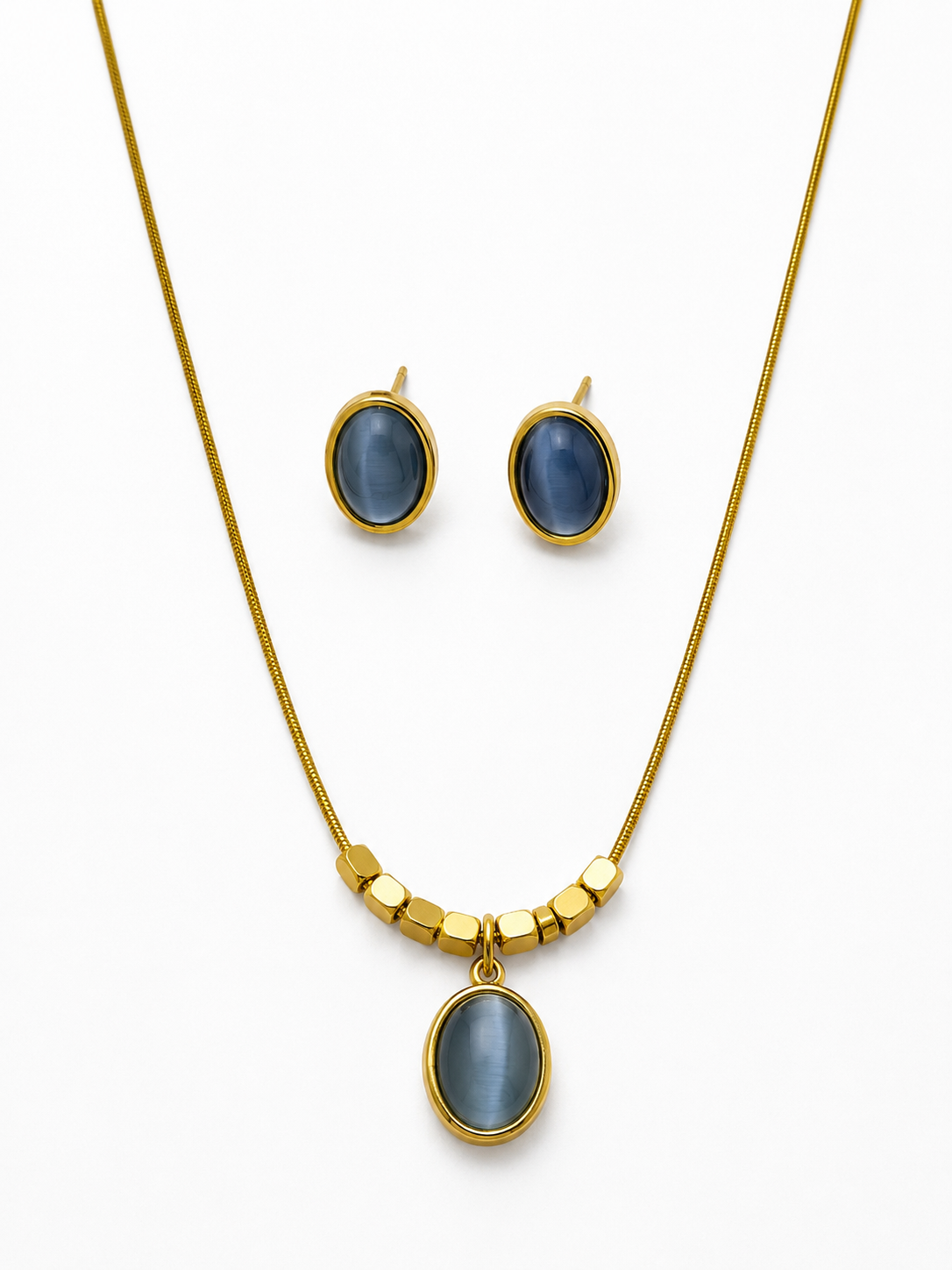 Cat's Eye Cabochon Bead Chain Necklace Set