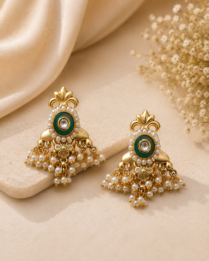 Teal Kundan Pearl Drop Earrings