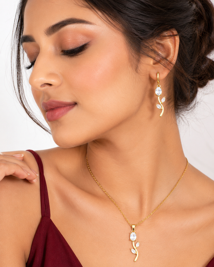 Clear Stone Rose Vine Necklace & Earring Set