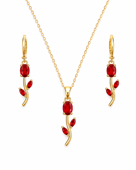 Red Stone Rose Vine Necklace & Earring Set