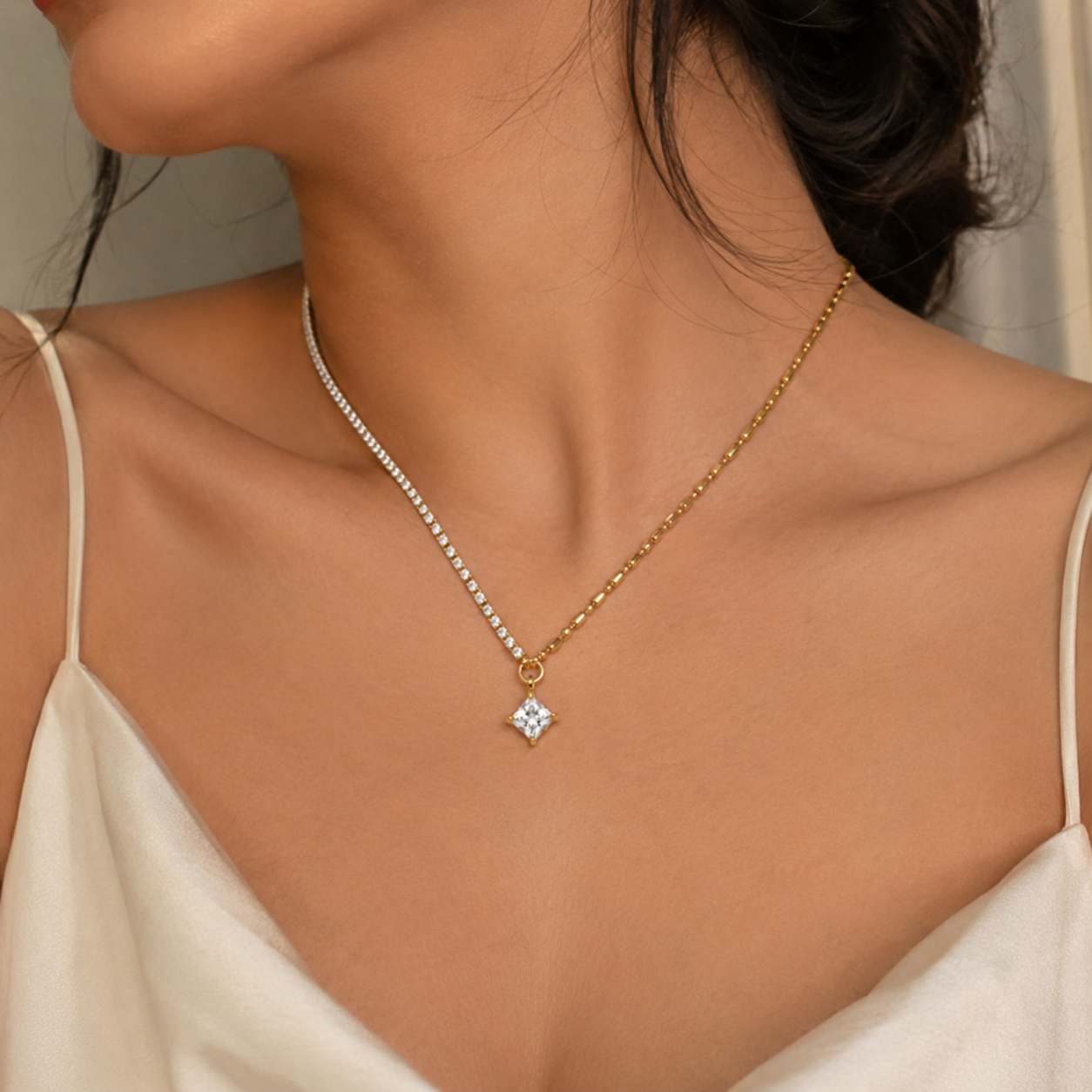 Tennis Chain Square Stone Necklace