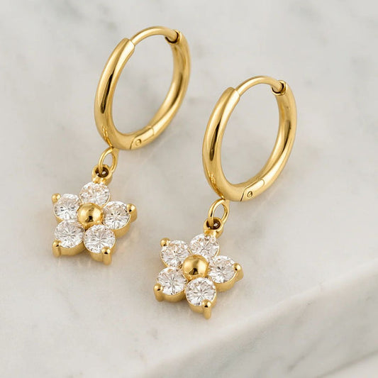 CZ Flower Charm Huggie Hoop Earrings