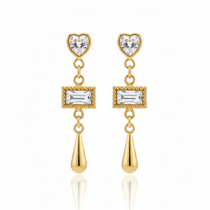 CZ Heart & Baguette Long Teardrop Drop Earrings