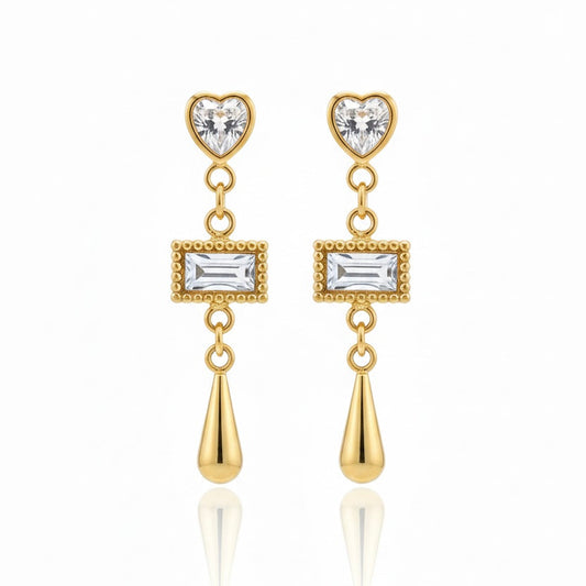CZ Heart & Baguette Long Teardrop Drop Earrings