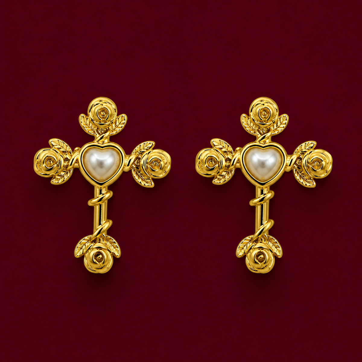 Rose Cross Pearl Stud Earrings