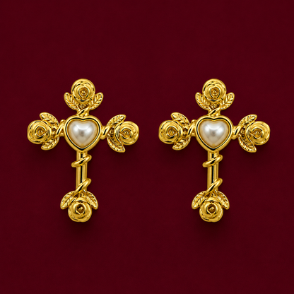 Rose Cross Pearl Stud Earrings