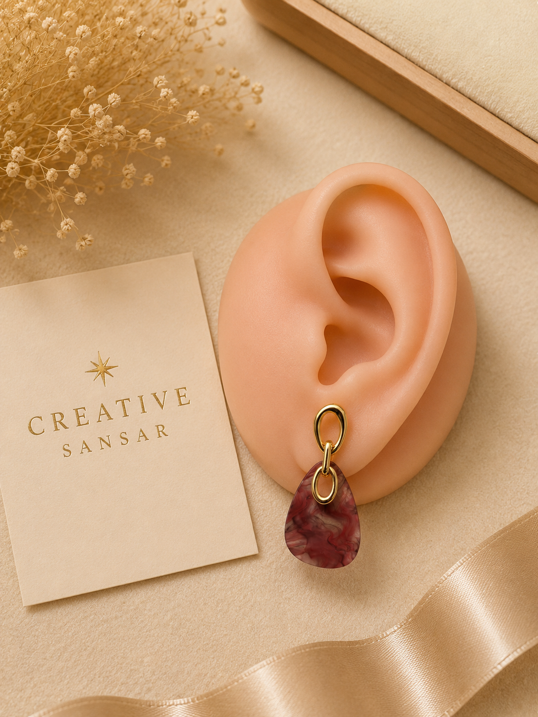Marble Resin Drop Earrings with Gold Chain Link