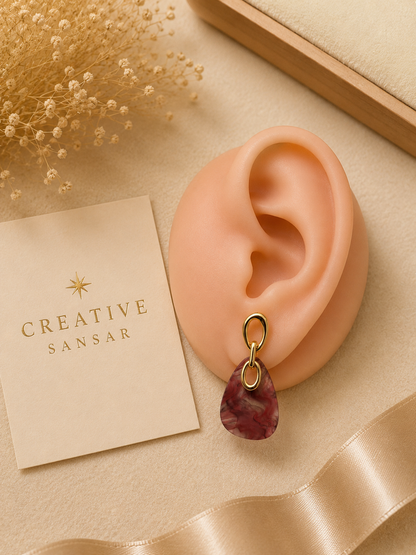 Marble Resin Drop Earrings with Gold Chain Link