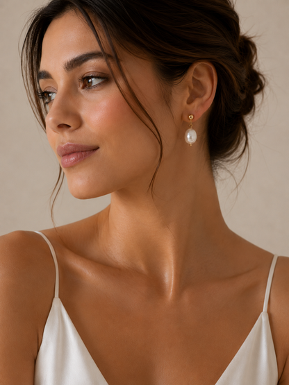 Gold Ball Fresh Water Pearl Drop Earrings