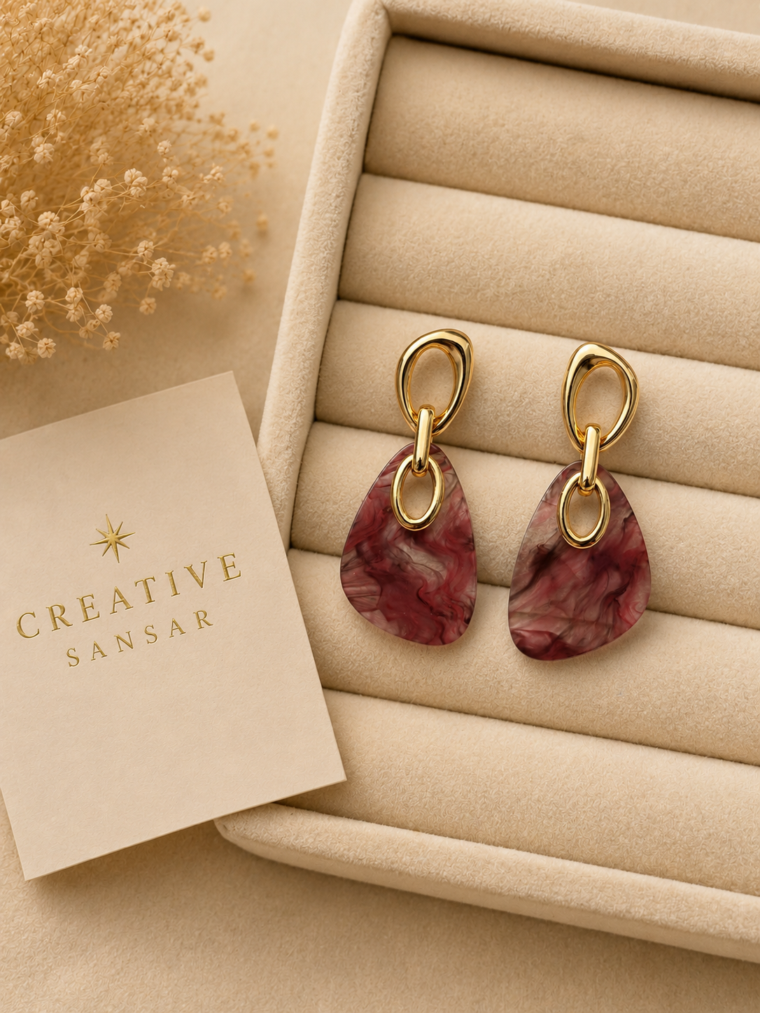 Marble Resin Drop Earrings with Gold Chain Link