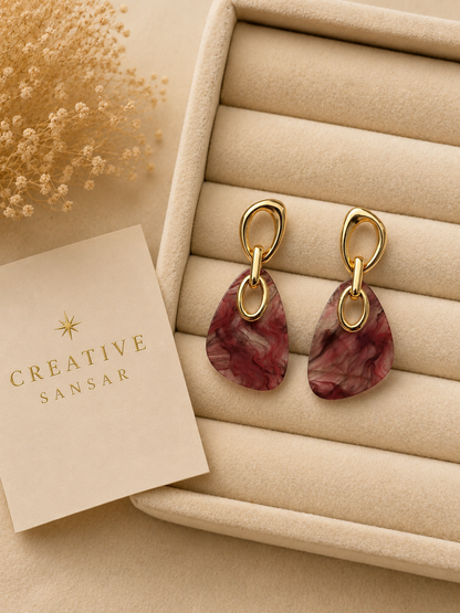 Marble Resin Drop Earrings with Gold Chain Link