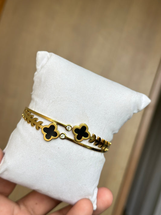 Double Black Clover Imported Stone & Leaf Bangle Set