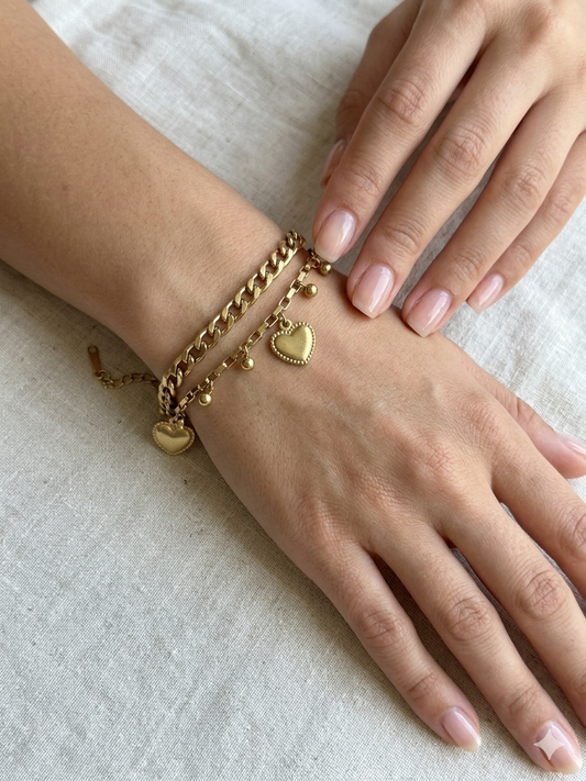 Double Heart Charm Layered Bracelet Set