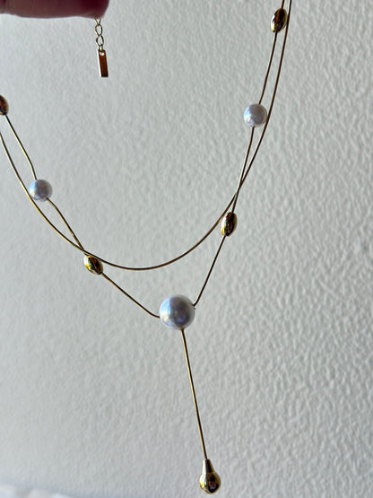 Double Layer Pearl & Gold Drop Lariat Necklace