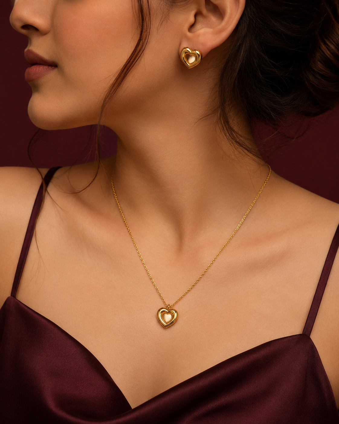 Domed Heart Cabochon Pendant Necklace Set