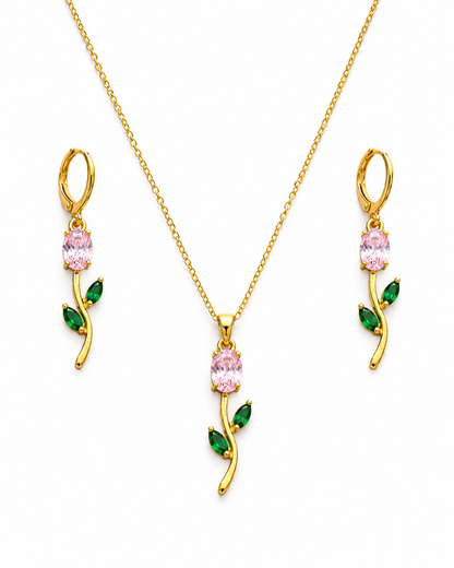 Pink Rose Vine Necklace & Earring Set