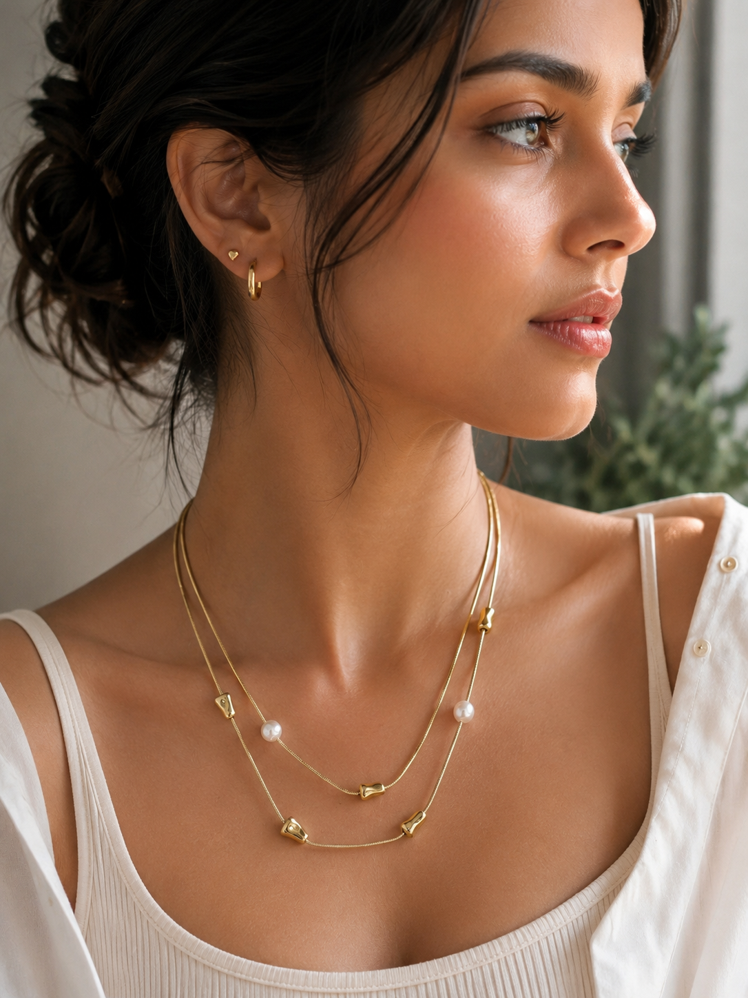 Pebble Pearl Station Layered Necklace