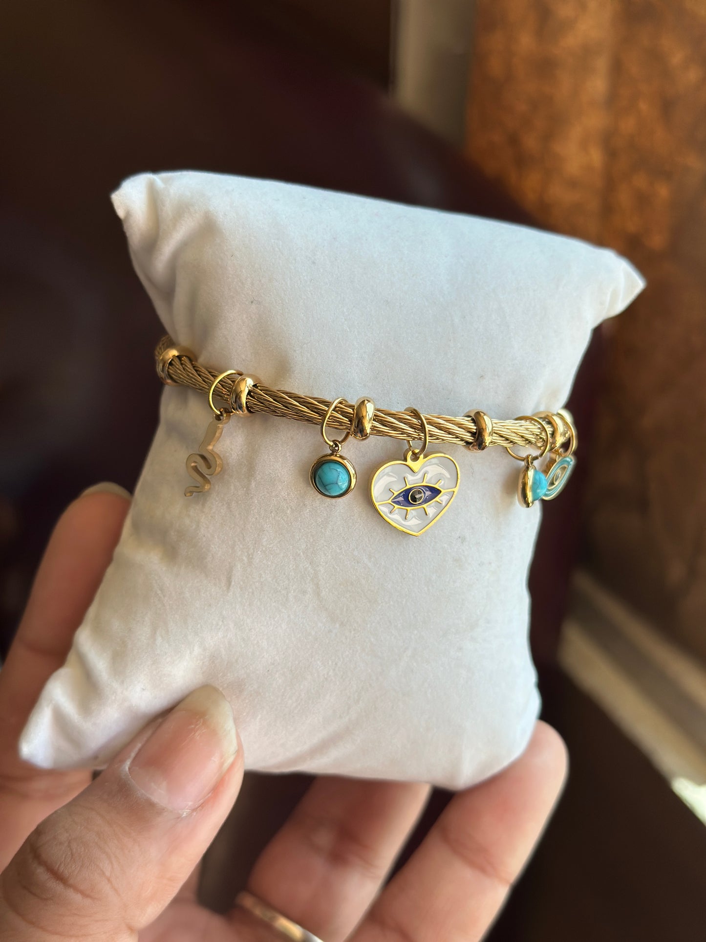 Evil Eye Heart & Turquoise Multi Charm Twisted Wire Bracelet