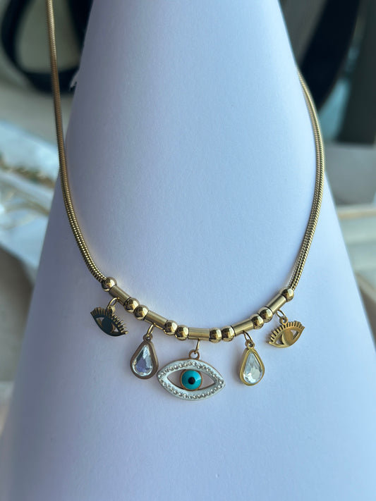 Evil Eye Multi-Charm Snake Chain Necklace