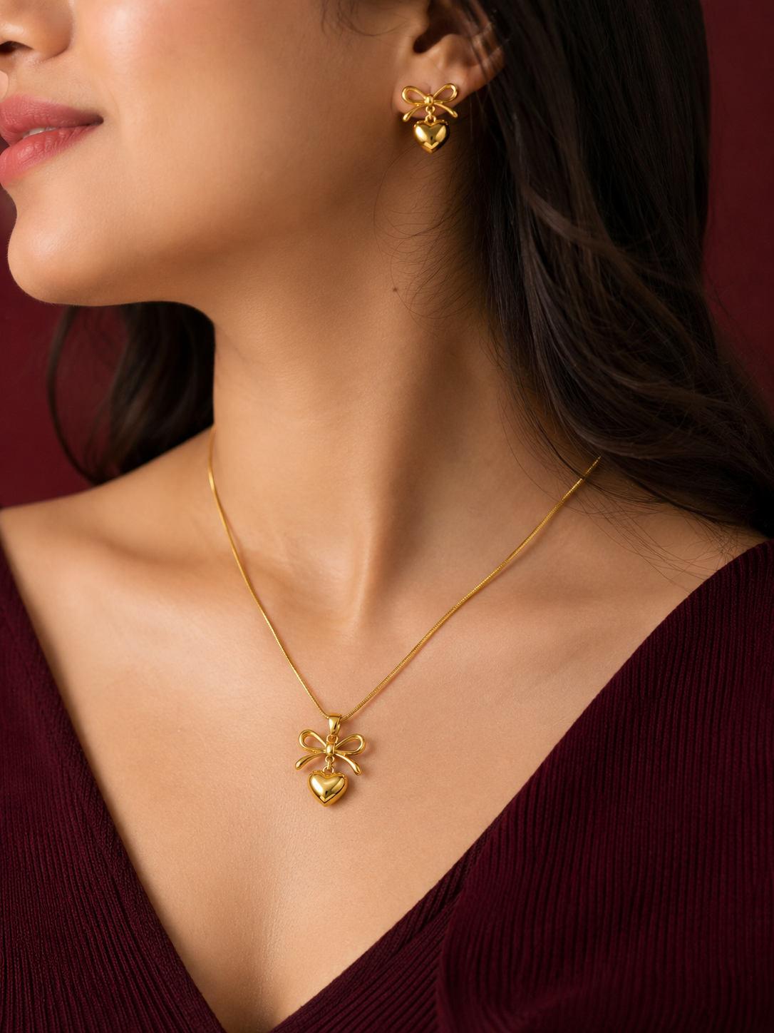 Bow & Heart Charm Necklace Set