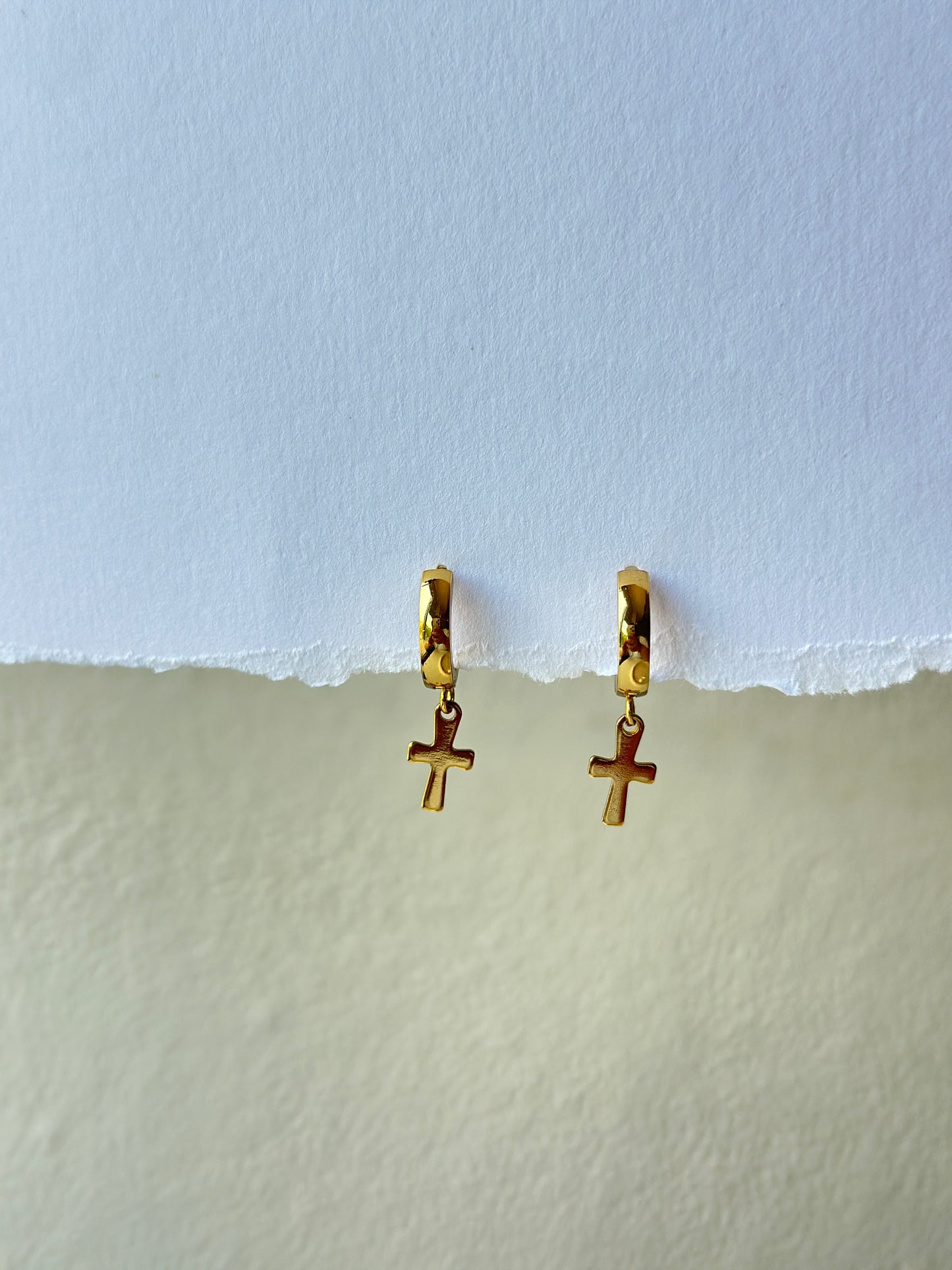 Gold Huggie Hoop & Cross Charm Drop Earrings
