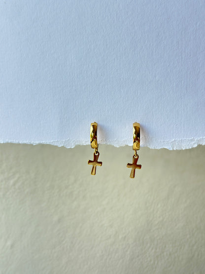 Gold Huggie Hoop & Cross Charm Drop Earrings