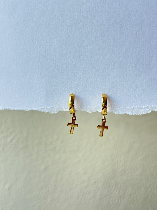 Gold Huggie Hoop & Cross Charm Drop Earrings