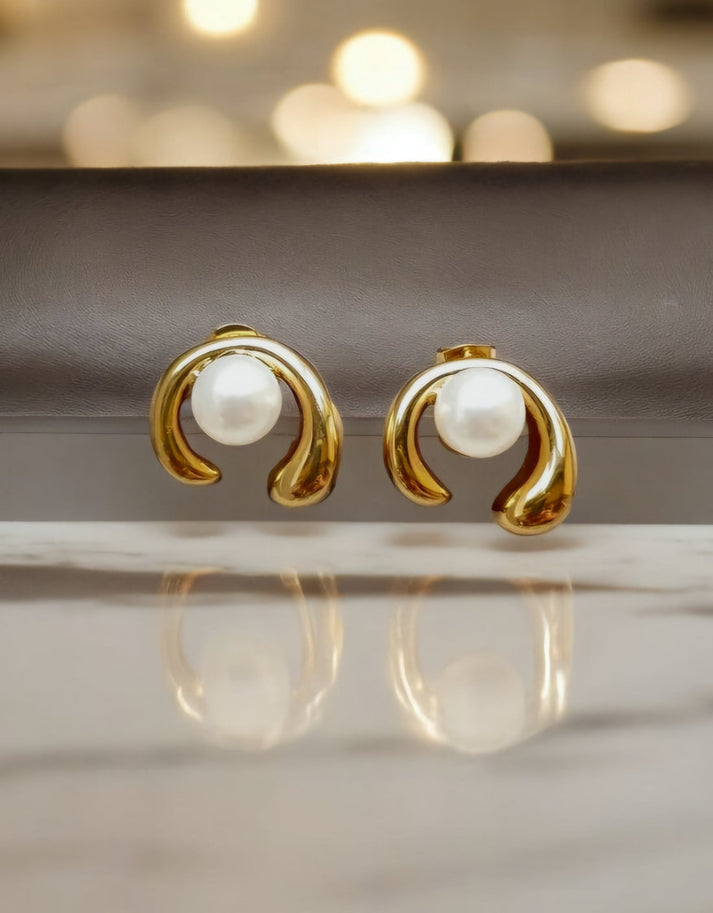 Gold Swirl Pearl Stud Earrings