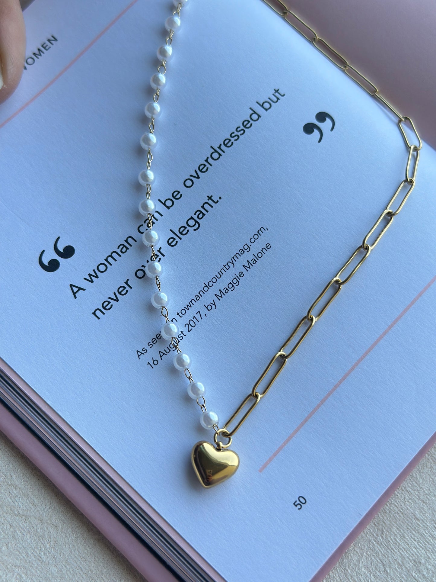 Half Pearl Half Paperclip Chain Heart Necklace