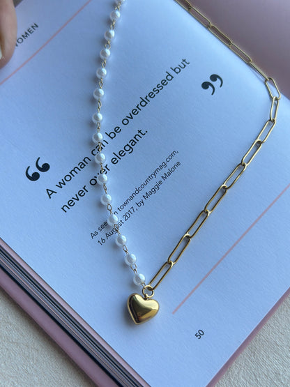 Half Pearl Half Paperclip Chain Heart Necklace