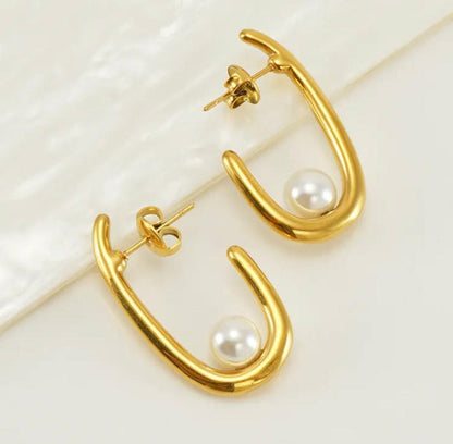 Oval Pearl Drop Hoop Earrings