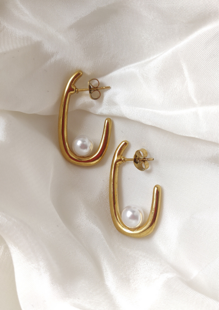 Oval Pearl Drop Hoop Earrings
