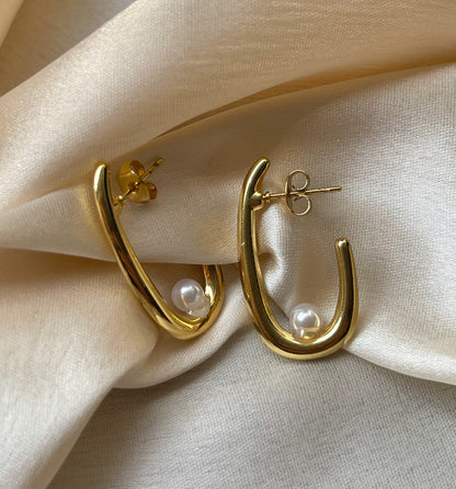 Oval Pearl Drop Hoop Earrings