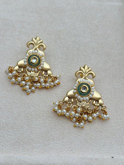 Teal Kundan Pearl Drop Earrings