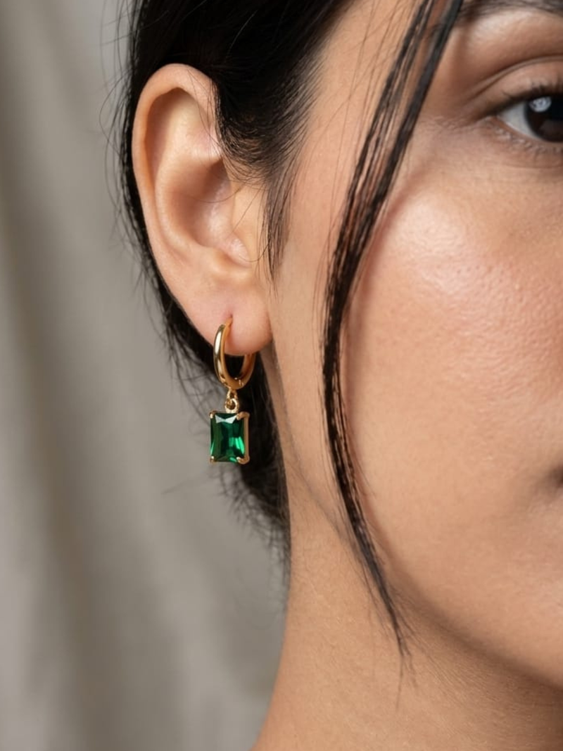 Emerald Baguette Drop Hoop Earrings