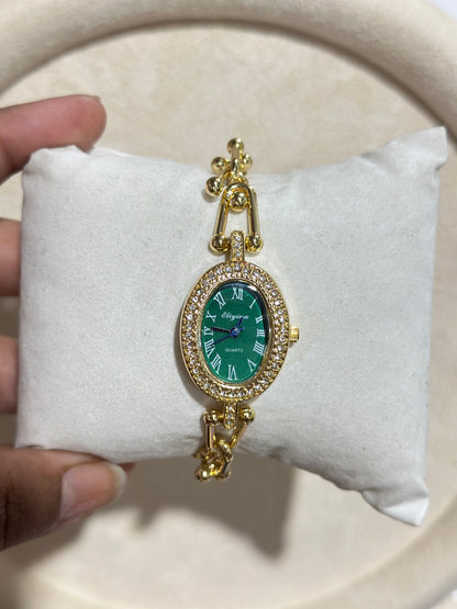 Oval CZ Halo Roman Dial Gold Chain Watch
