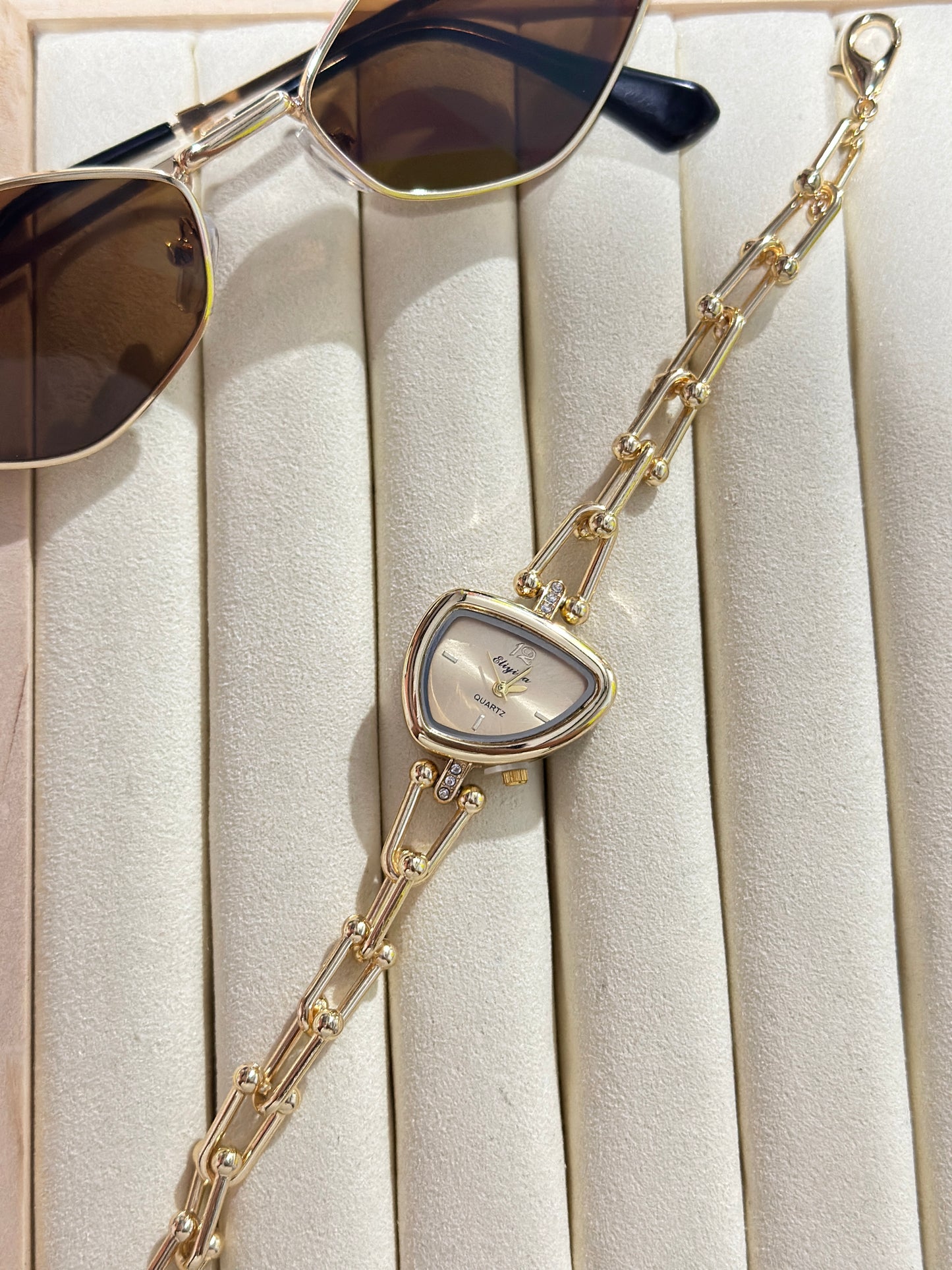 Eliyina Trapezoid Shield Gold Chain Watch