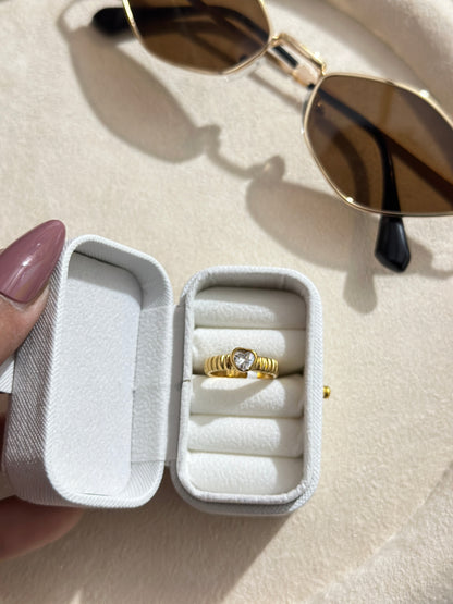 Ribbed Band Heart Bezel CZ Ring