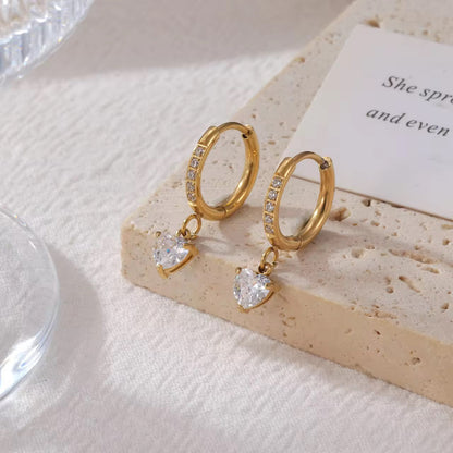 CZ Heart Charm Huggie Hoop Earrings