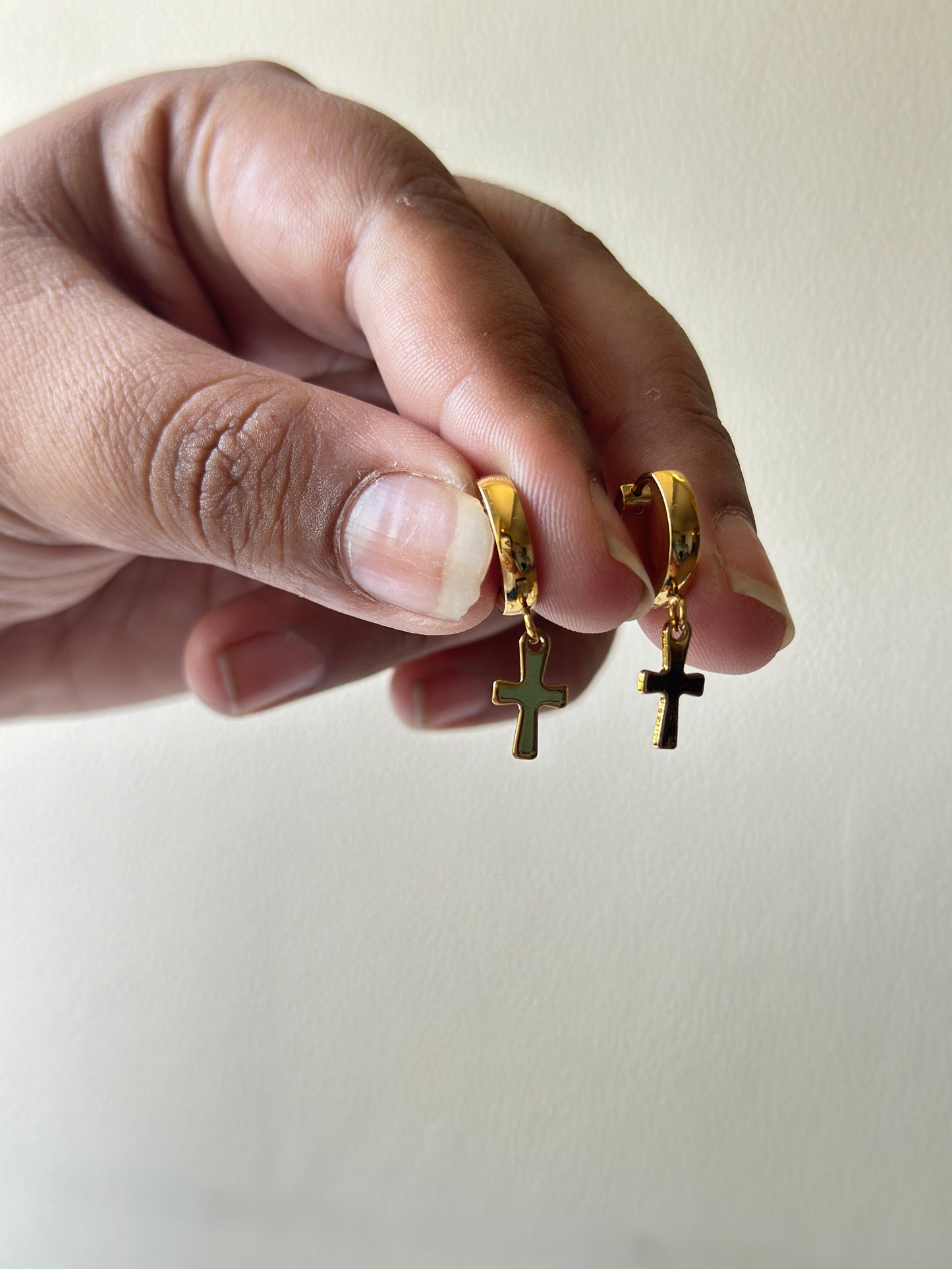 Gold Huggie Hoop & Cross Charm Drop Earrings