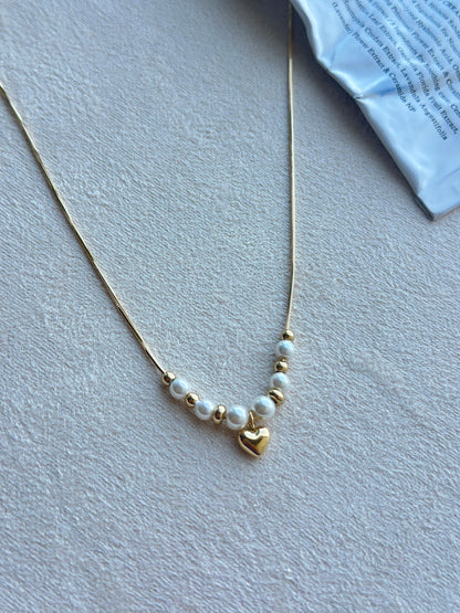 Pearl & Gold Bead Heart Charm Snake Chain Necklace