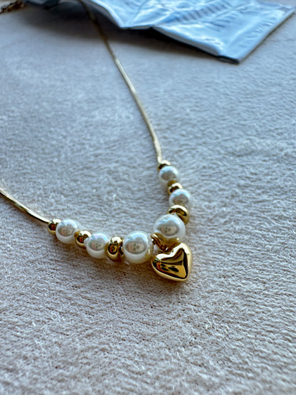 Pearl & Gold Bead Heart Charm Snake Chain Necklace