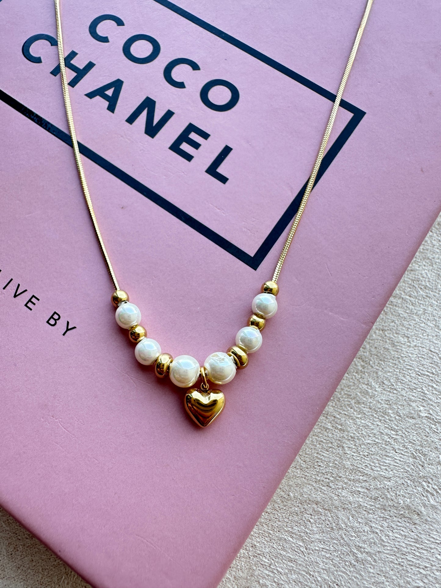 Pearl & Gold Bead Heart Charm Snake Chain Necklace
