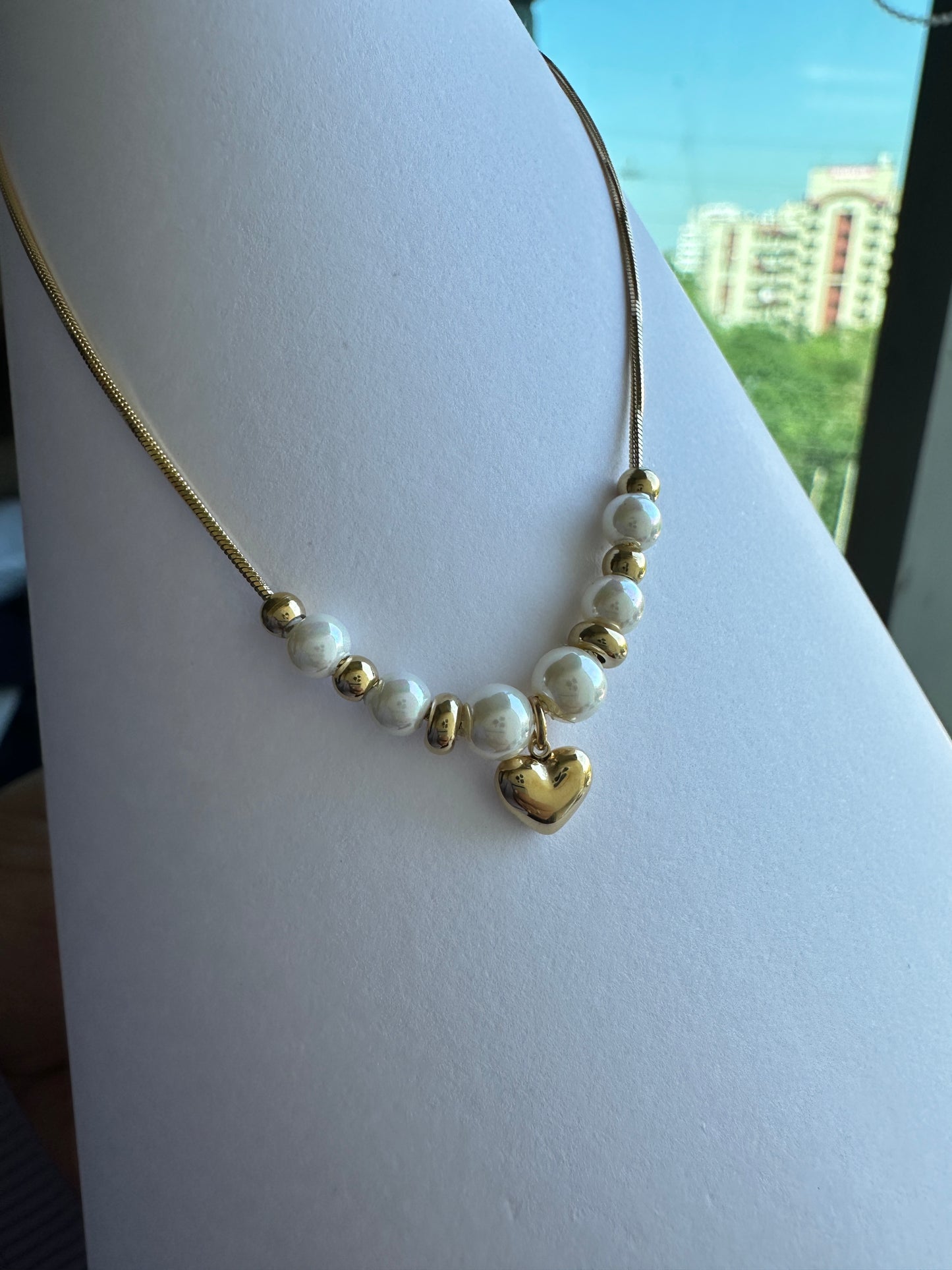 Pearl & Gold Bead Heart Charm Snake Chain Necklace
