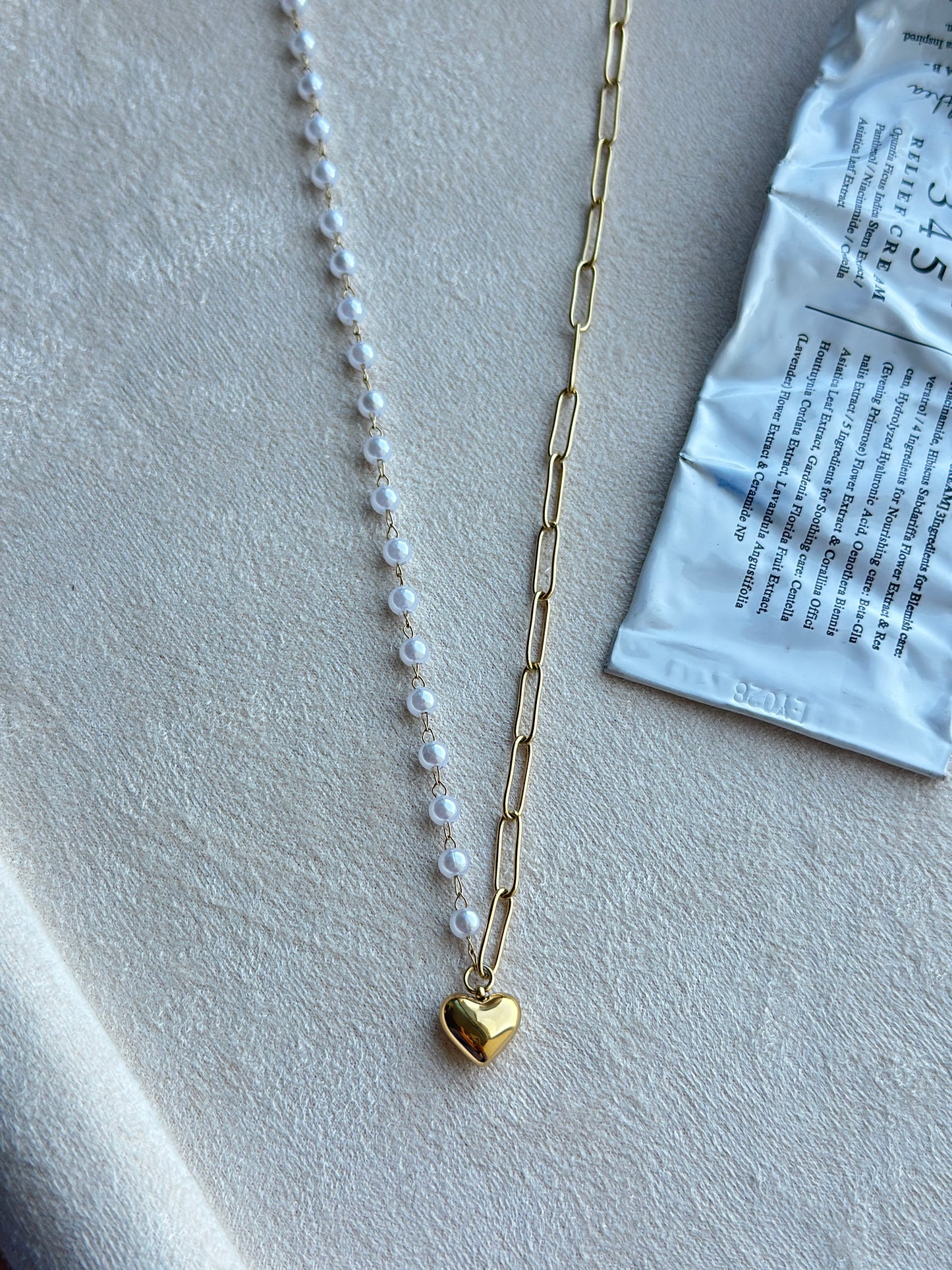 Half Pearl Half Paperclip Chain Heart Necklace