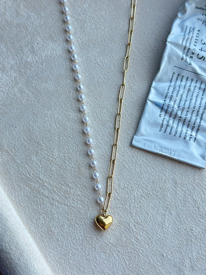 Half Pearl Half Paperclip Chain Heart Necklace