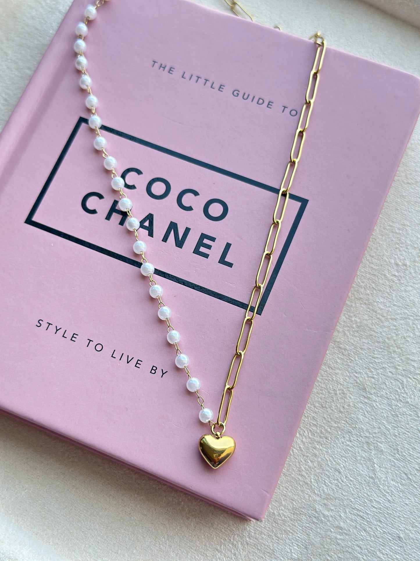 Half Pearl Half Paperclip Chain Heart Necklace