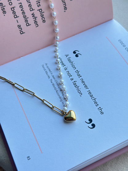 Half Pearl Half Paperclip Chain Heart Necklace