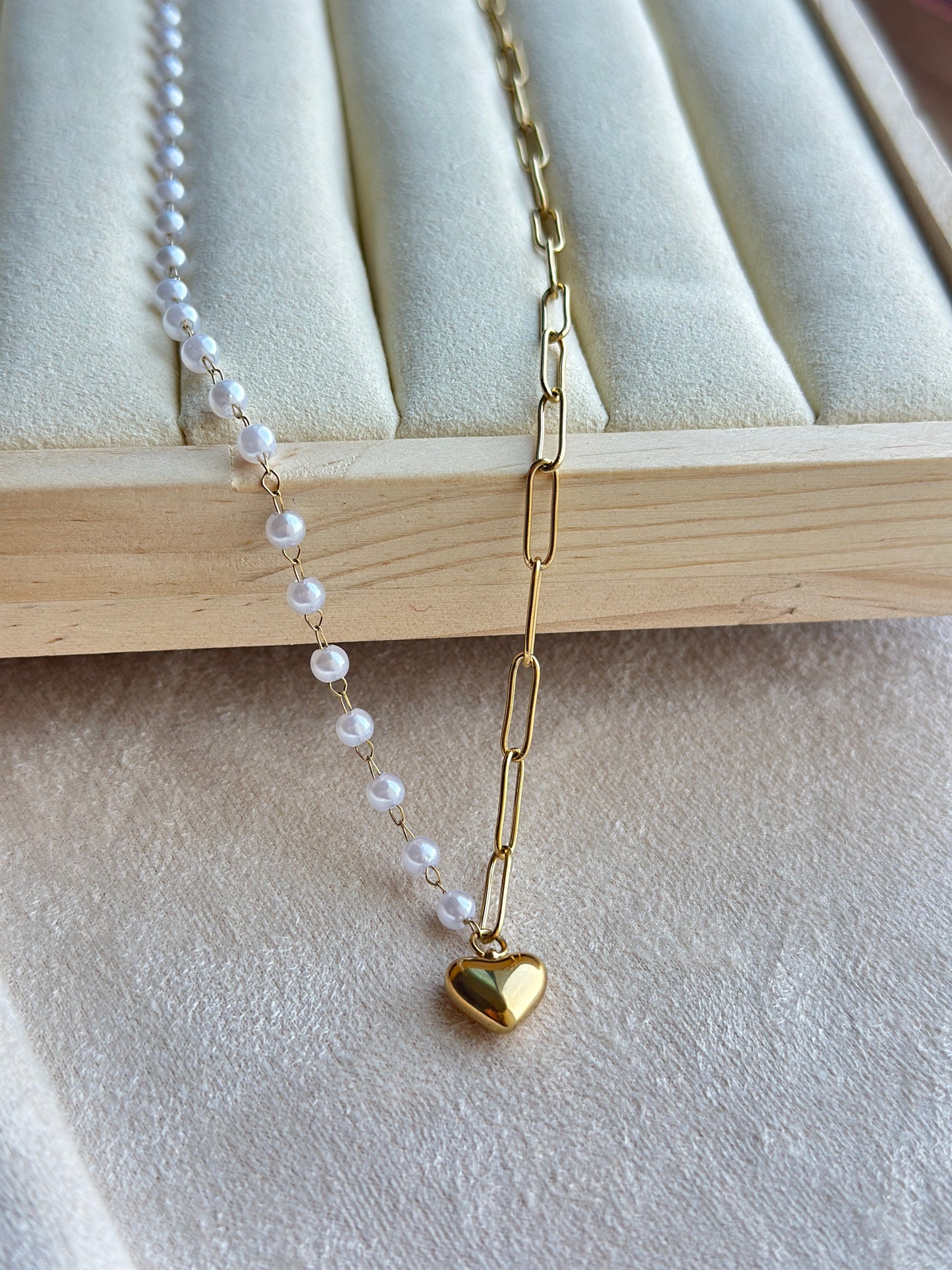 Half Pearl Half Paperclip Chain Heart Necklace